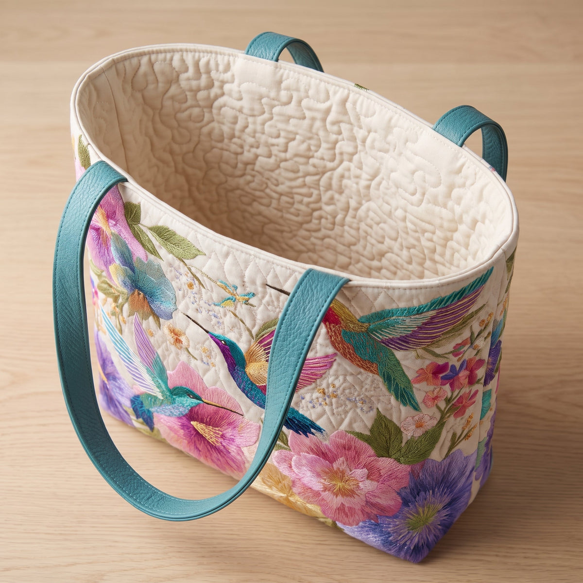 Quilted Tote Bag - Hummingbirds and Pink Peonies