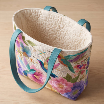 Quilted Tote Bag - Hummingbirds and Pink Peonies