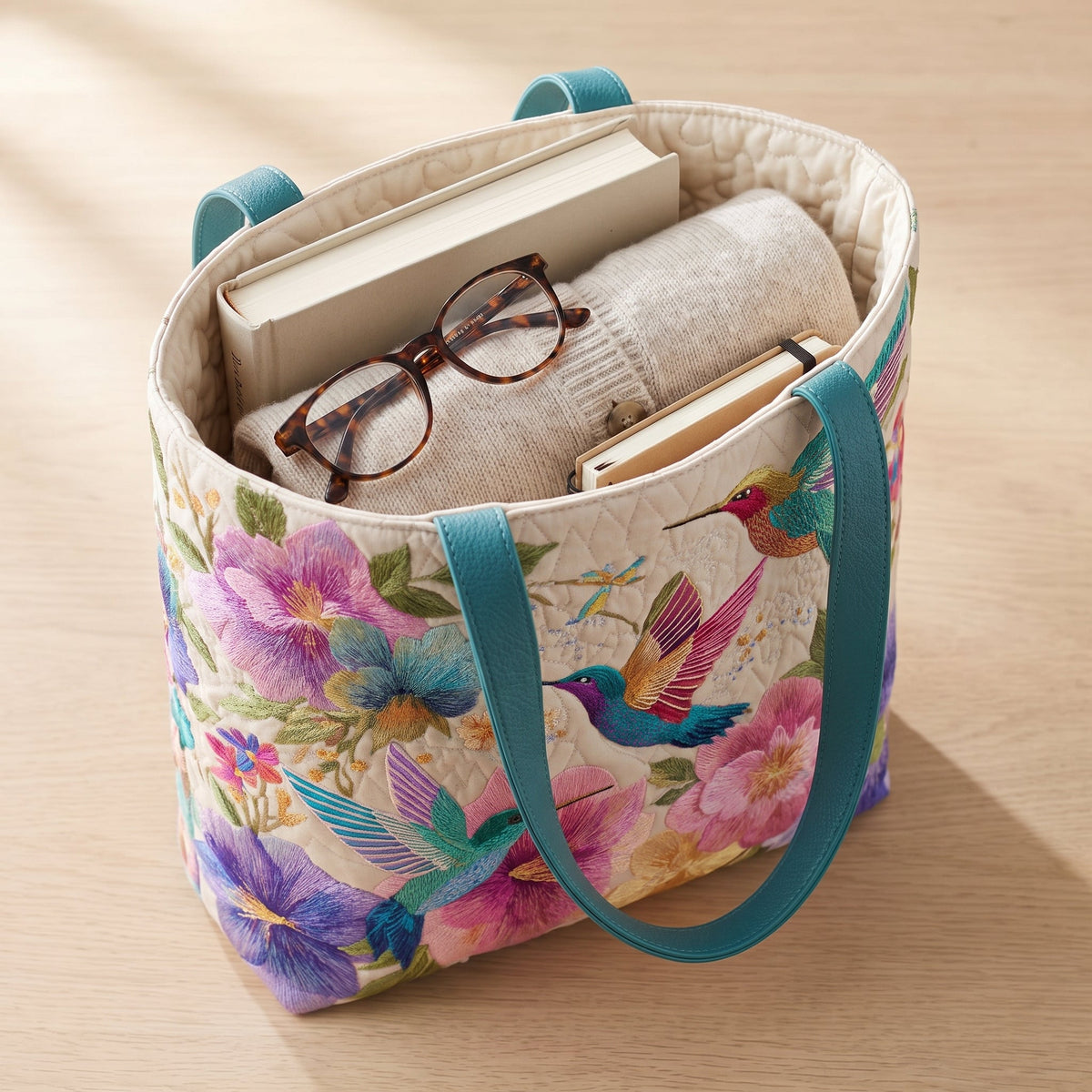Quilted Tote Bag - Hummingbirds and Pink Peonies