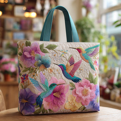 Quilted Tote Bag - Hummingbirds and Pink Peonies