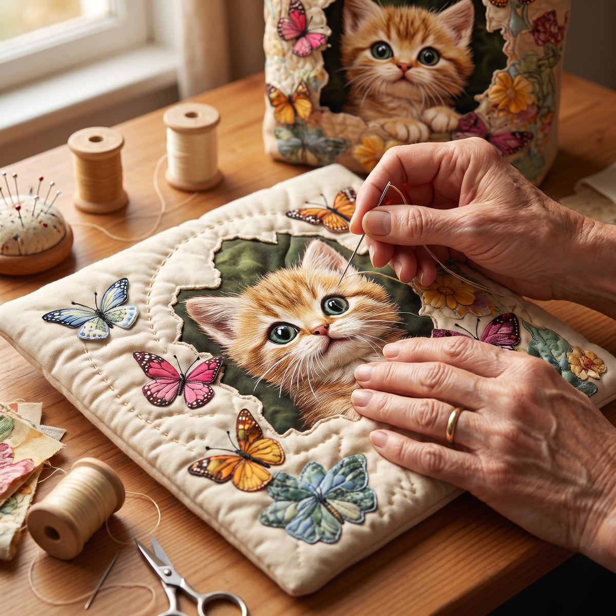 Quilted Tote Bag - Kitten with Butterflies