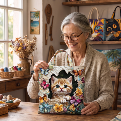 Quilted Tote Bag - Kitten with Butterflies