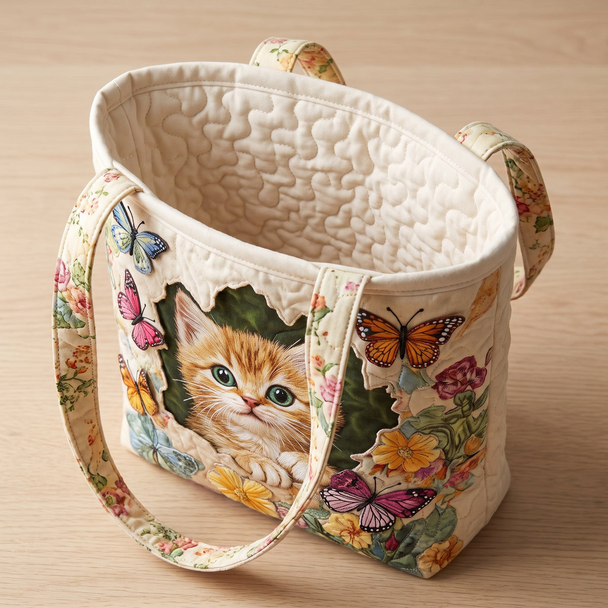Quilted Tote Bag - Kitten with Butterflies