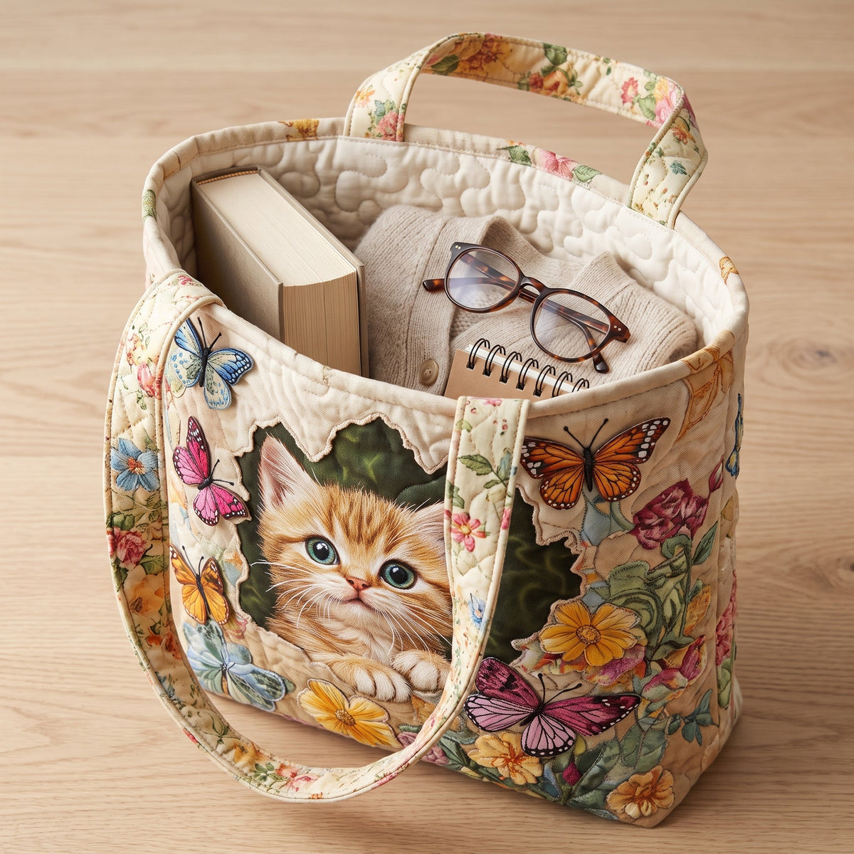 Quilted Tote Bag - Kitten with Butterflies