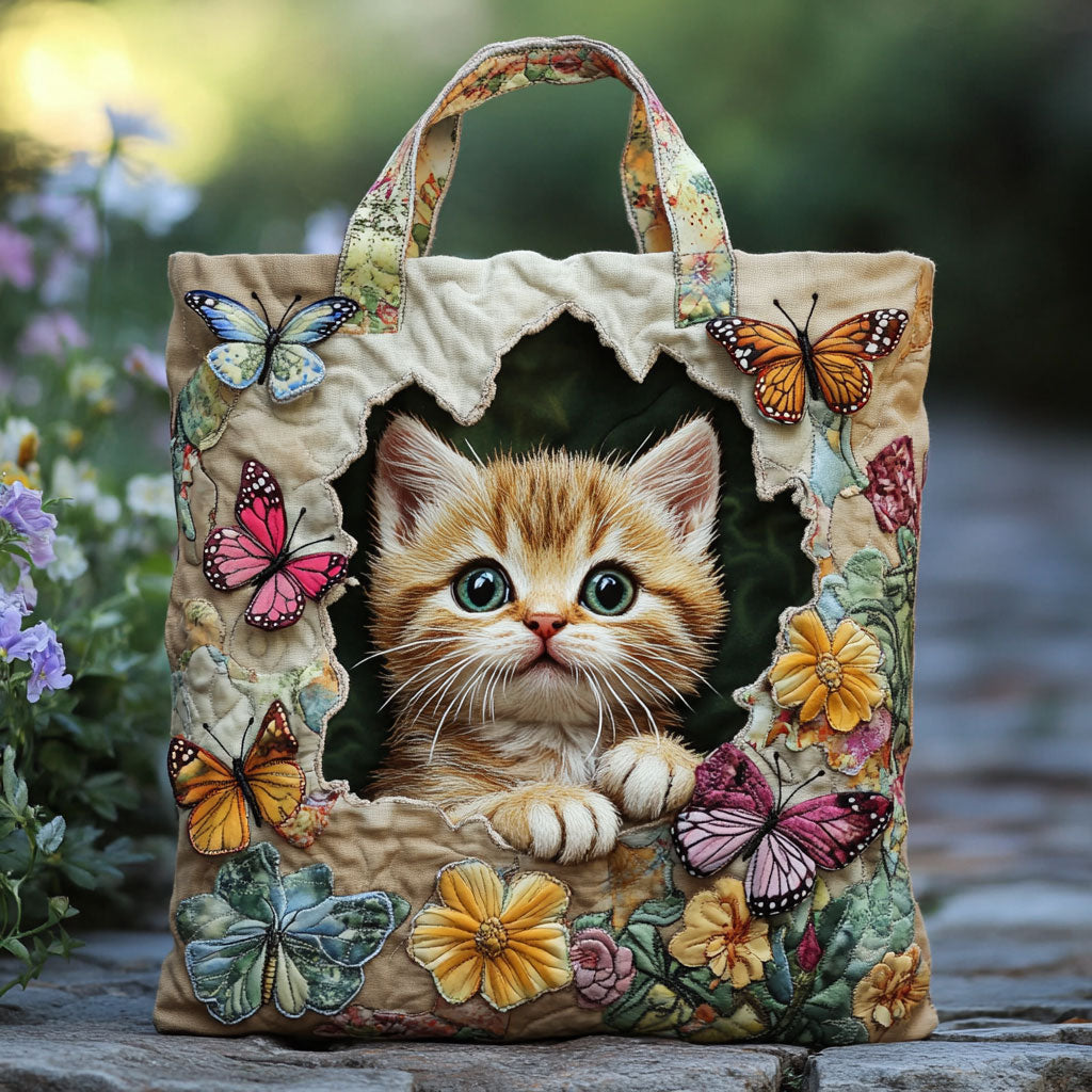 Quilted Tote Bag - Kitten with Butterflies