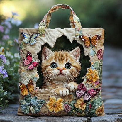 Quilted Tote Bag - Kitten with Butterflies