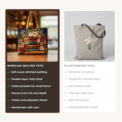 Quilted Tote Bag - Library in Bloom compared with a plain printed tote