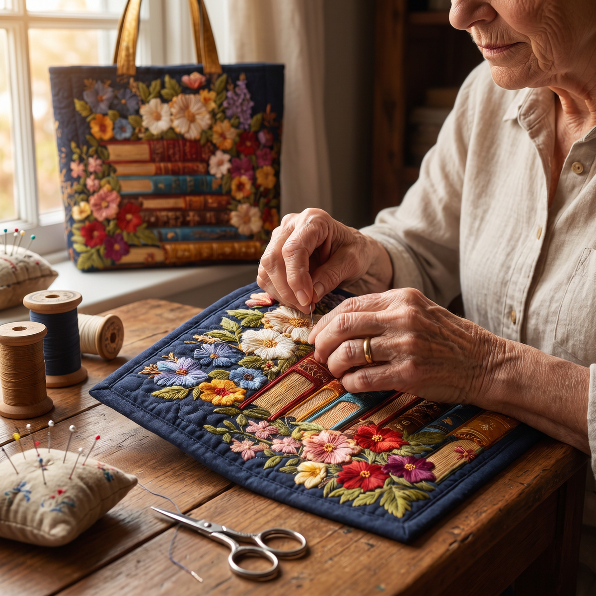 Quilted Tote Bag - Library in Bloom