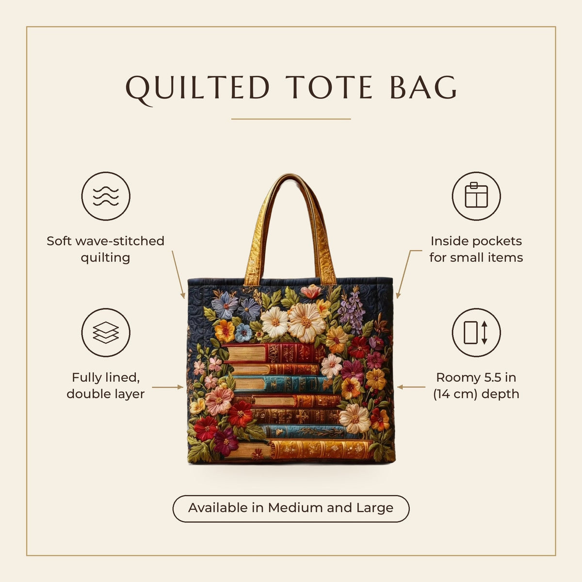 Quilted Tote Bag - Library in Bloom features infographic