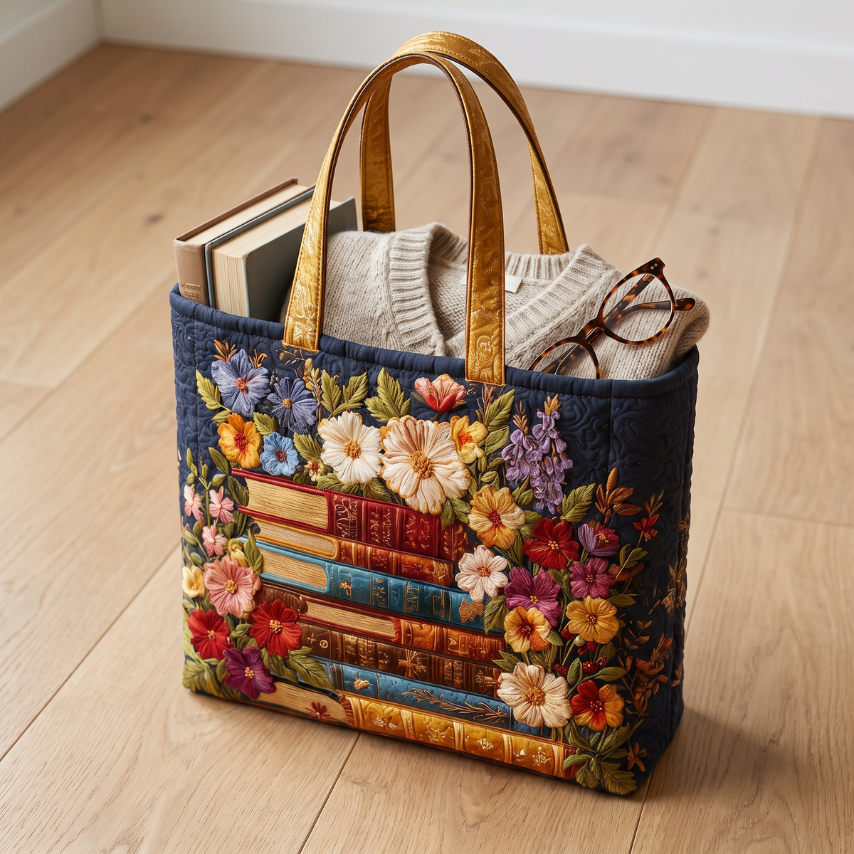 Quilted Tote Bag - Library in Bloom