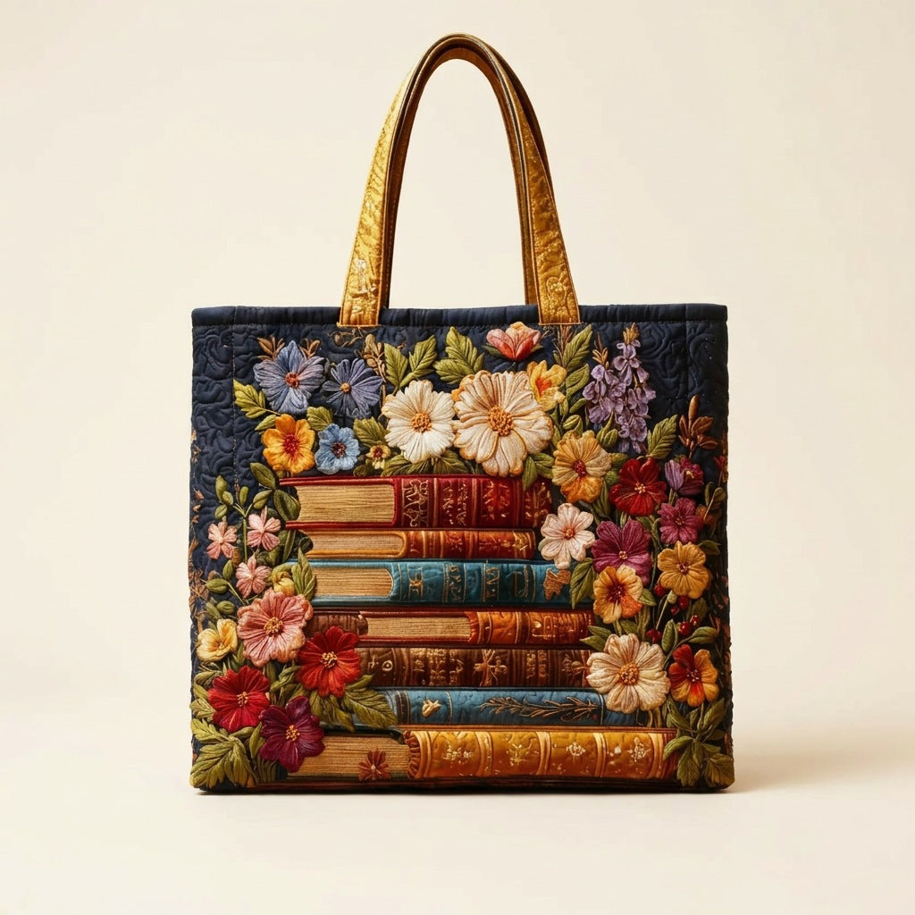 Quilted Tote Bag - Library in Bloom, studio photo