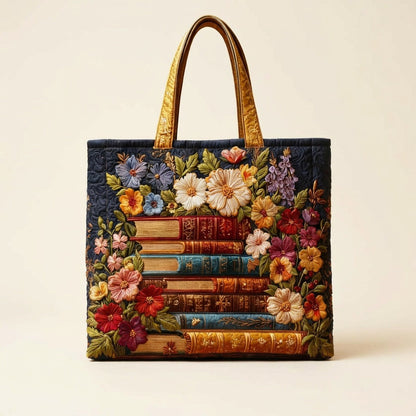 Quilted Tote Bag - Library in Bloom, studio photo