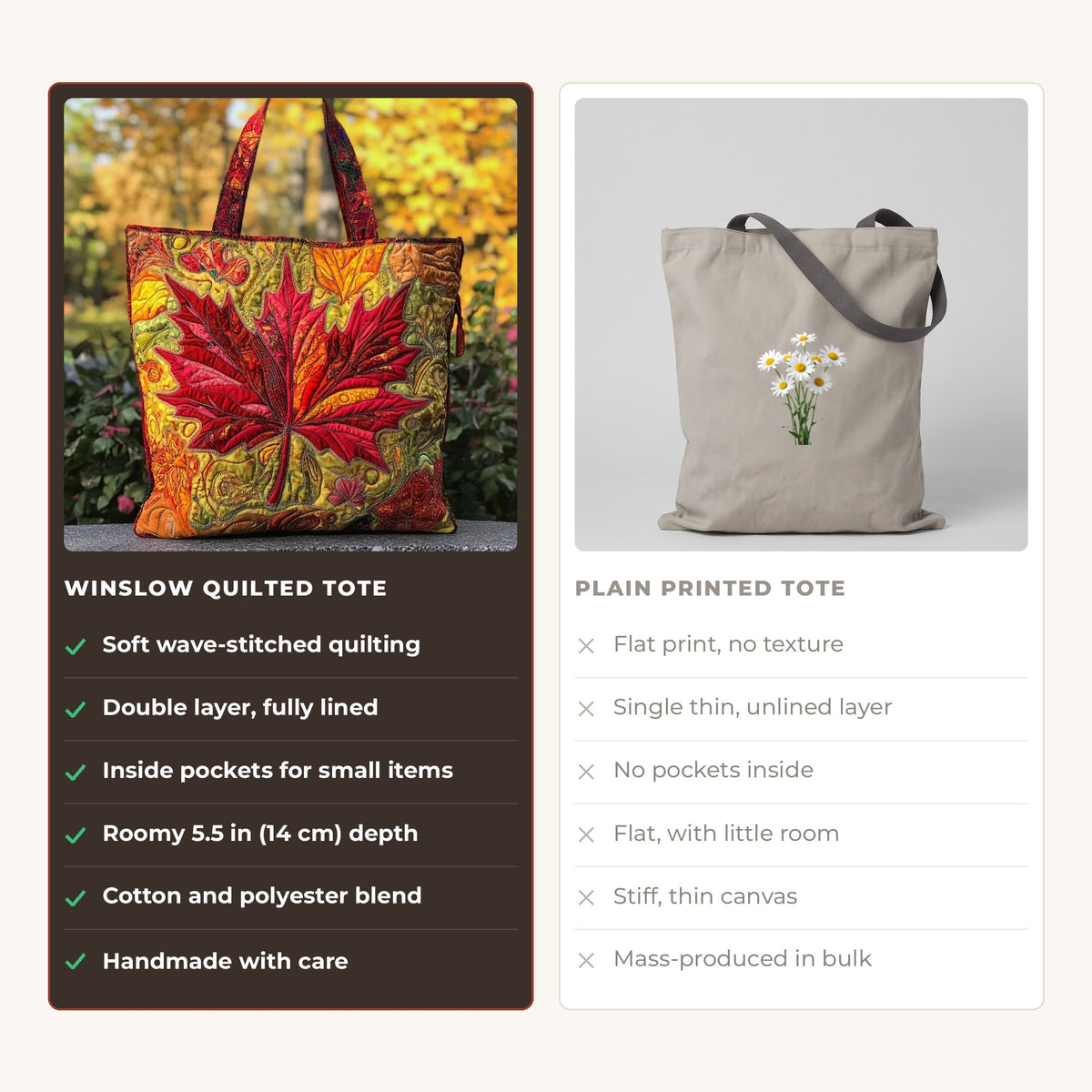 Quilted Tote Bag - Maple at Sunset compared with a plain printed tote
