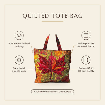 Quilted Tote Bag - Maple at Sunset features infographic