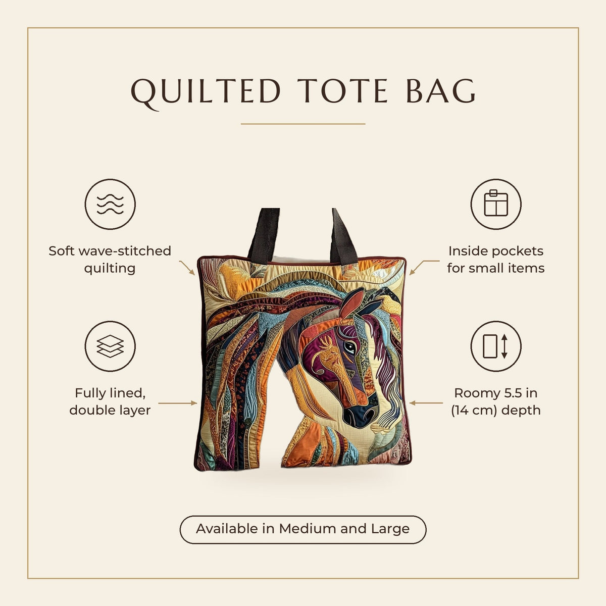 Quilted Tote Bag - Mosaic Horse features infographic