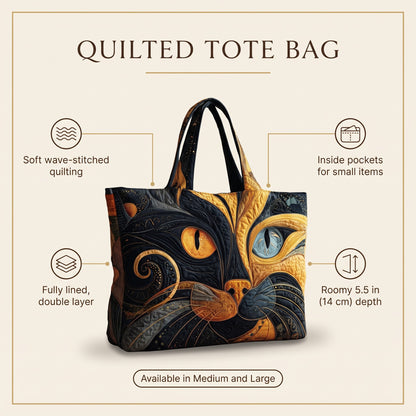 Quilted Tote Bag - Mystical Cat features infographic