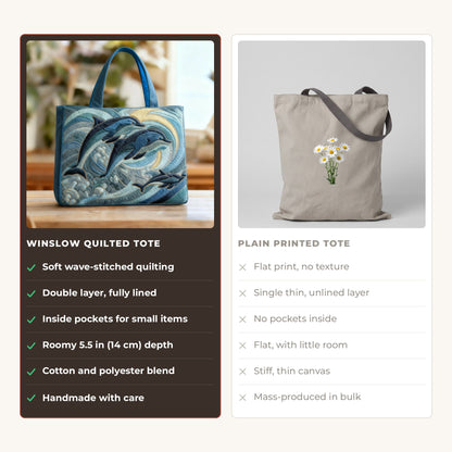 Quilted Tote Bag - Ocean Dolphins compared with a plain printed tote