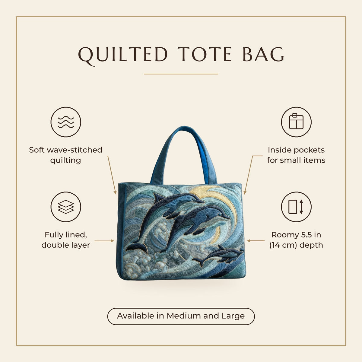 Quilted Tote Bag - Ocean Dolphins features infographic