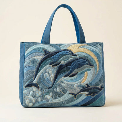 Quilted Tote Bag - Ocean Dolphins, studio photo