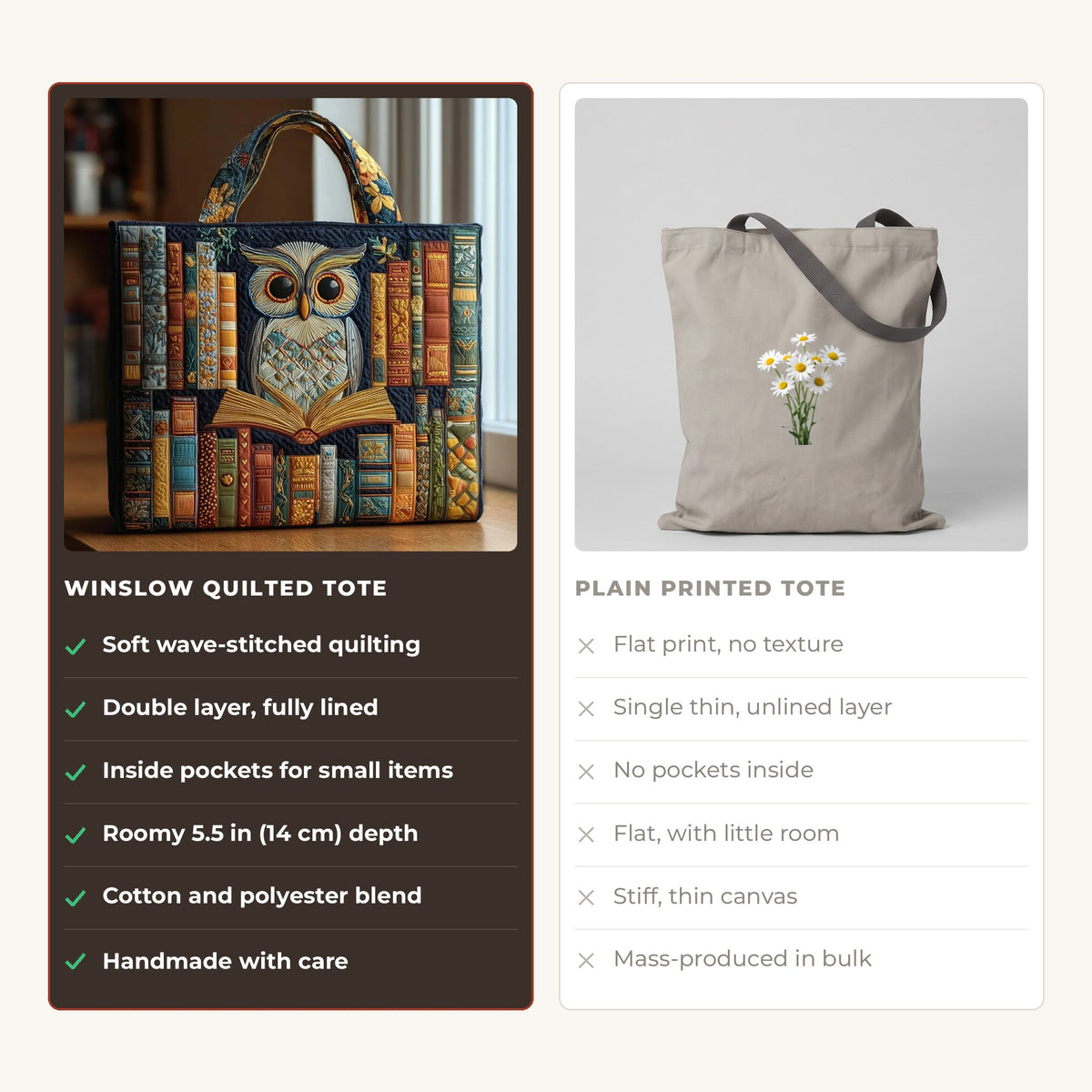 Quilted Tote Bag - Owl and Old Books compared with a plain printed tote