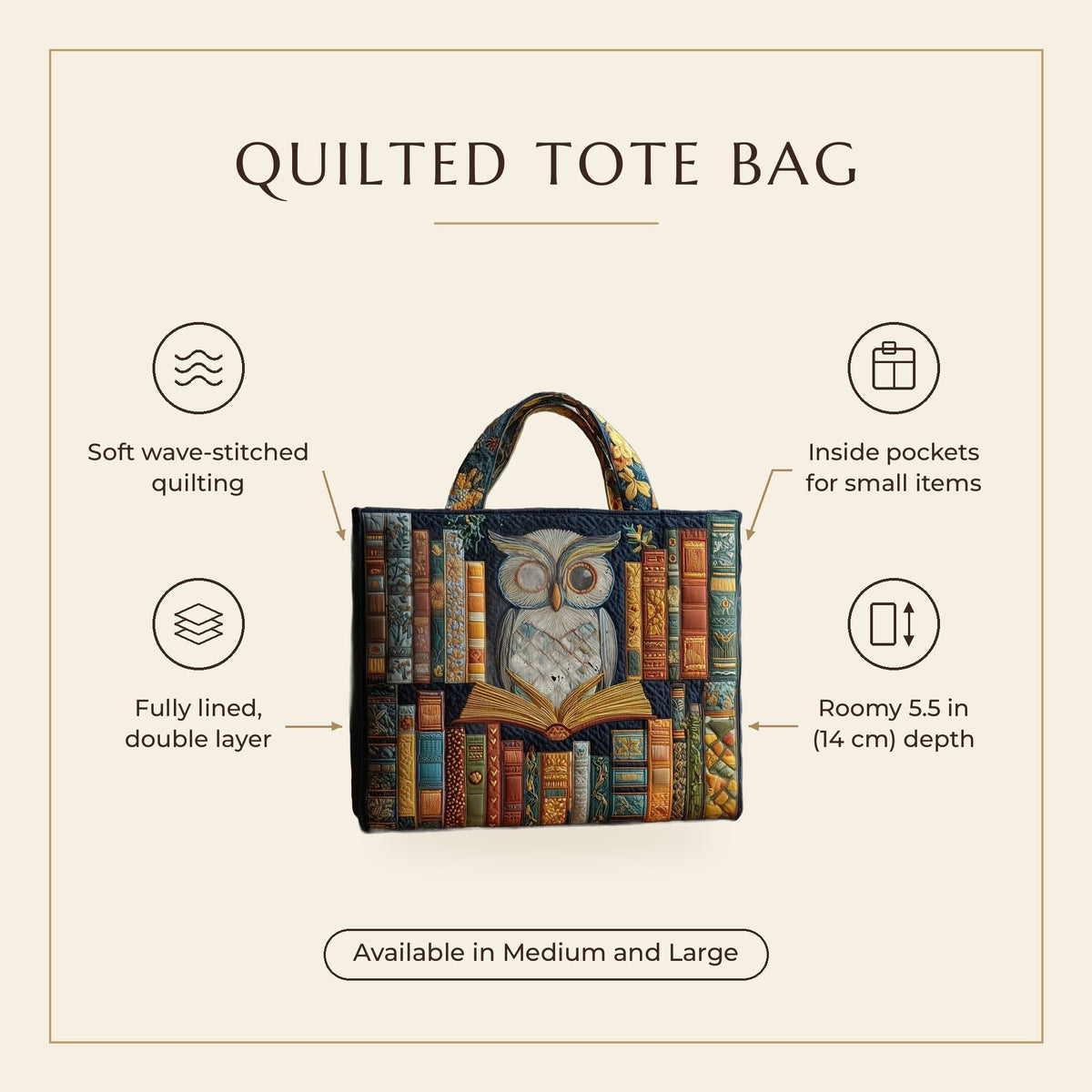 Quilted Tote Bag - Owl and Old Books features infographic