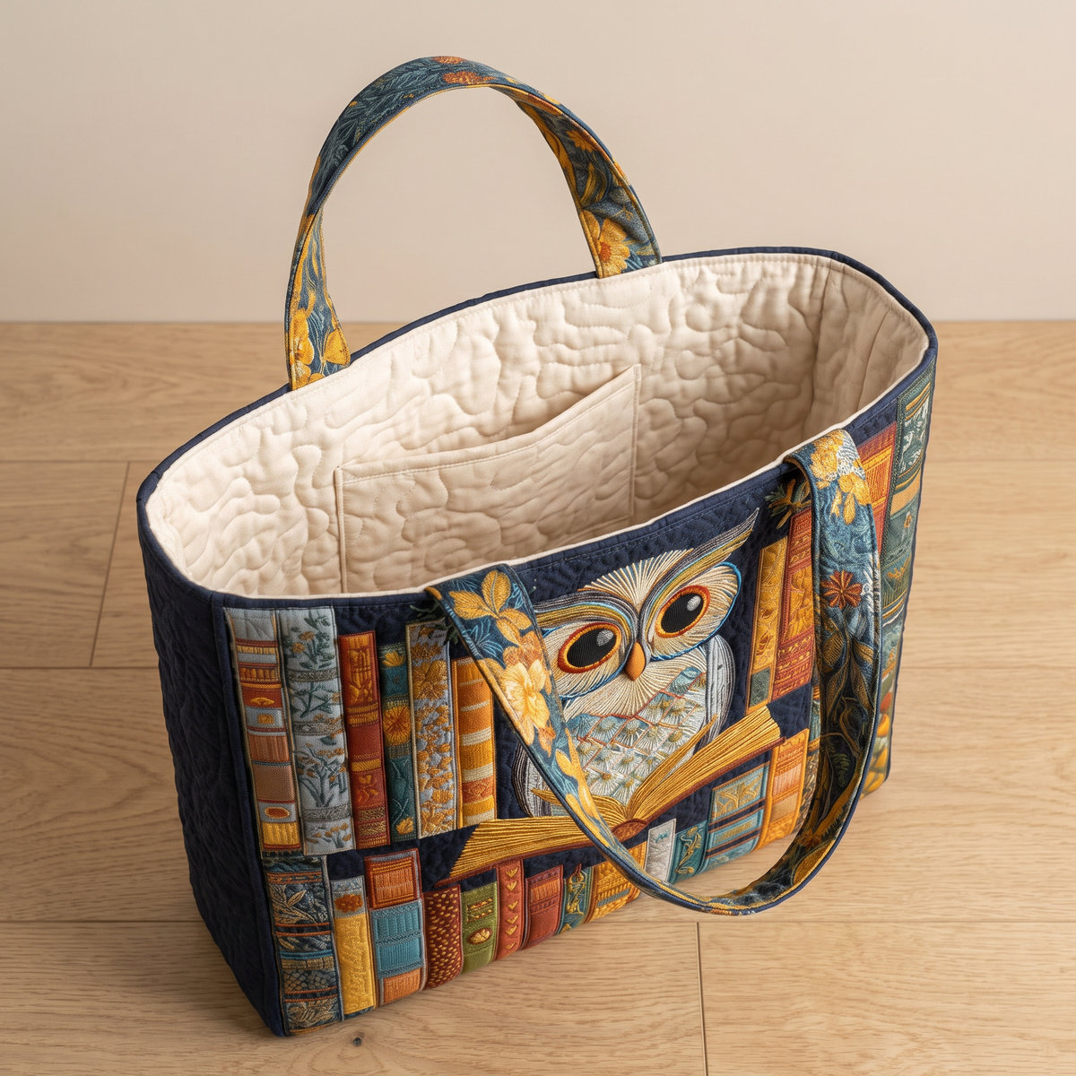 Quilted Tote Bag - Owl and Old Books