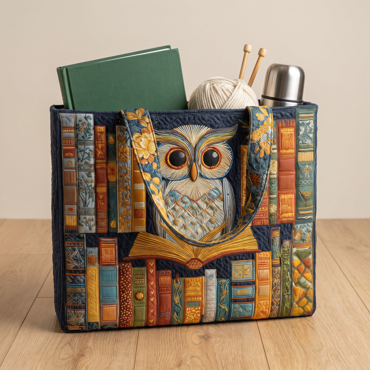 Quilted Tote Bag - Owl and Old Books