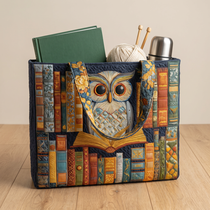 Quilted Tote Bag - Owl and Old Books