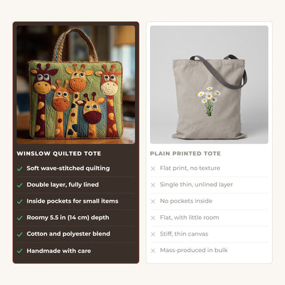 Quilted Tote Bag - Playful Giraffes compared with a plain printed tote