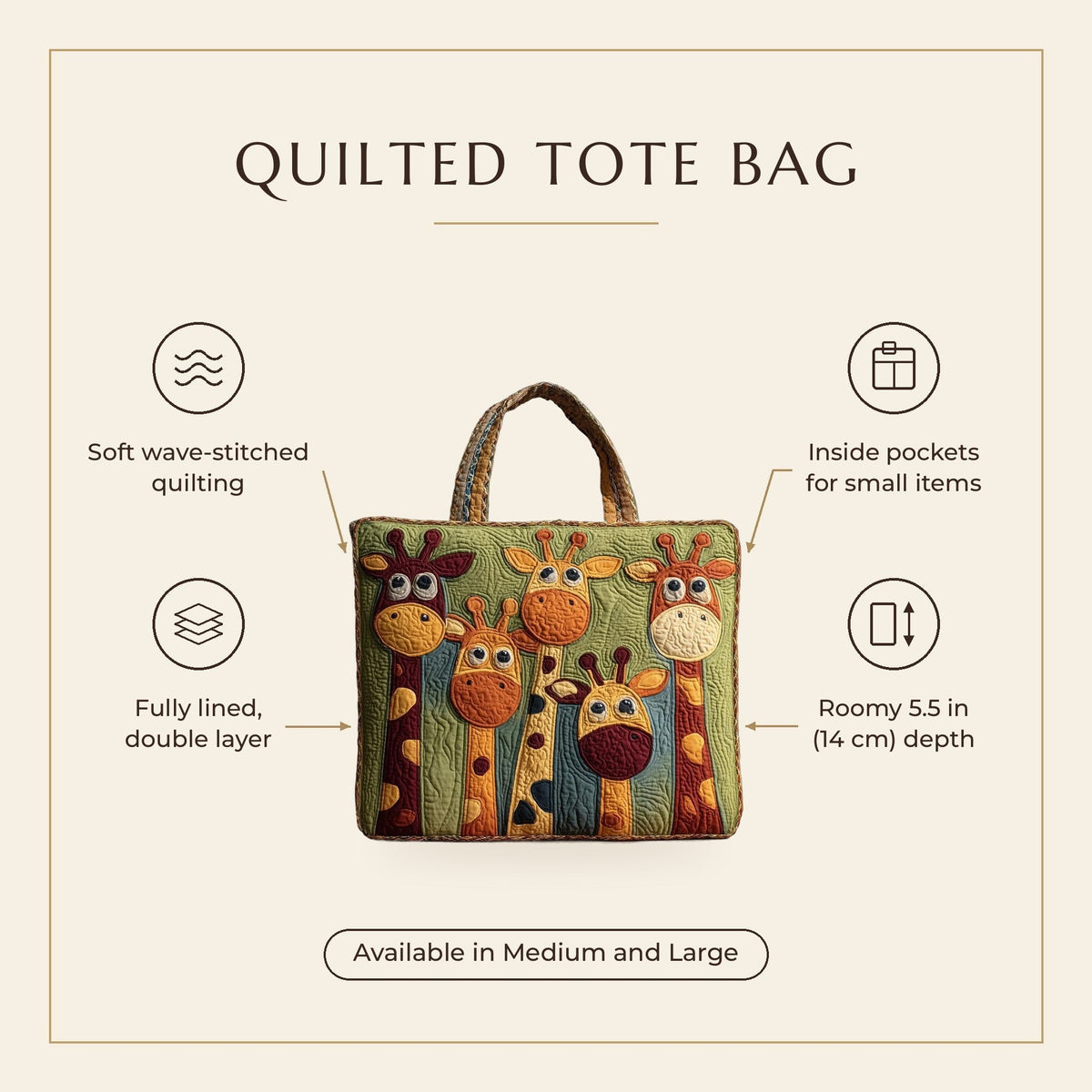 Quilted Tote Bag - Playful Giraffes features infographic