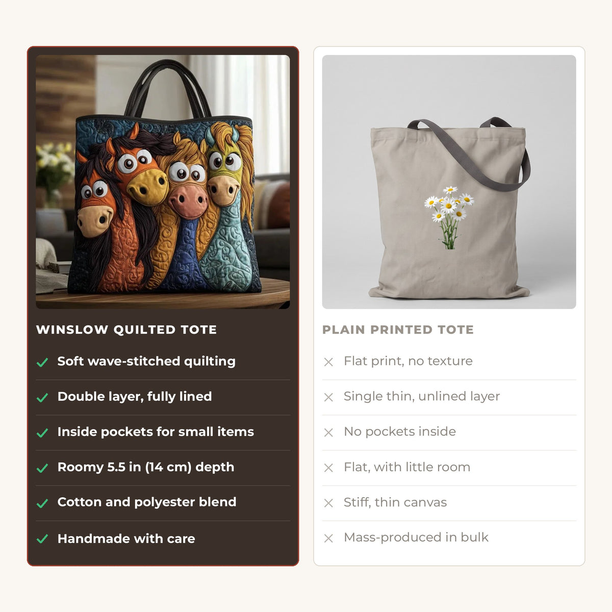 Quilted Tote Bag - Playful Ponies compared with a plain printed tote