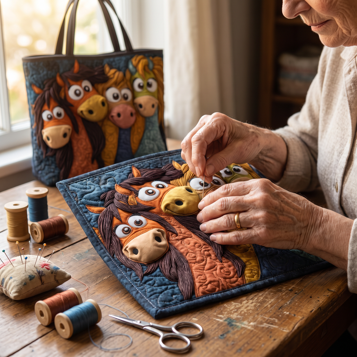 Quilted Tote Bag - Playful Ponies