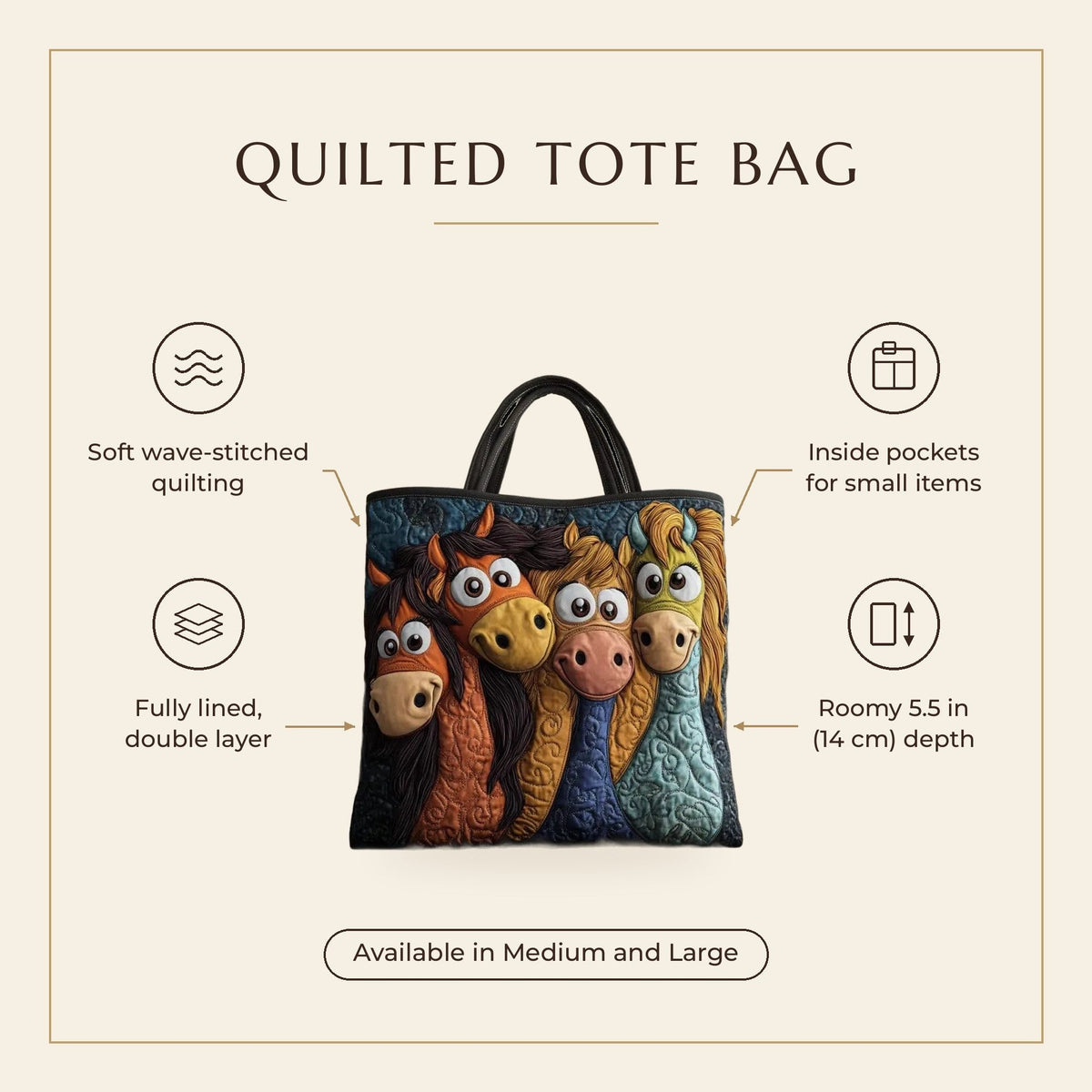 Quilted Tote Bag - Playful Ponies features infographic