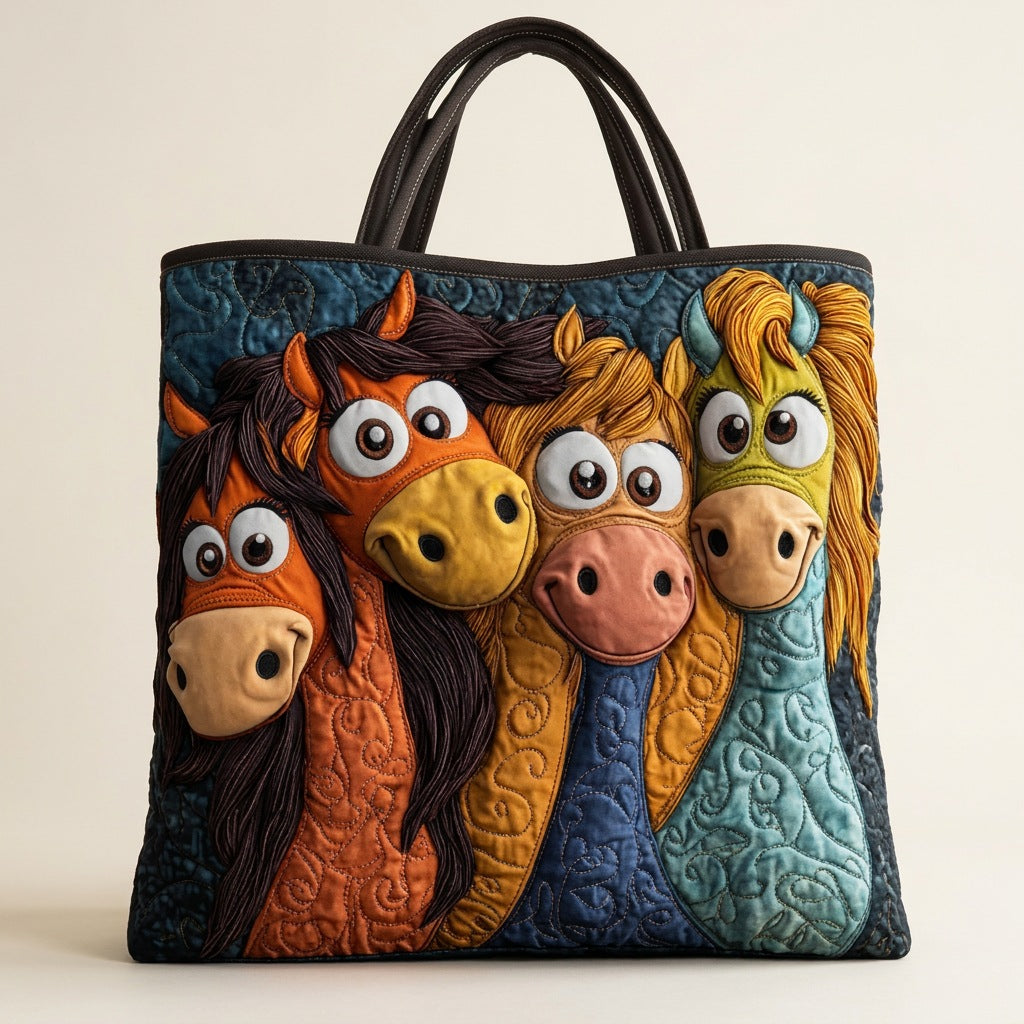 Quilted Tote Bag - Playful Ponies, studio photo
