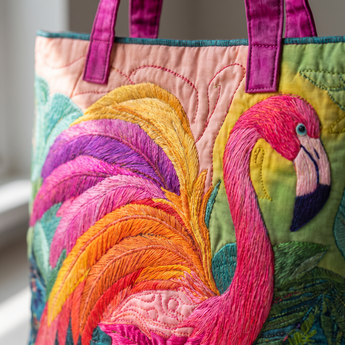 Quilted Tote Bag - Rainbow Flamingo