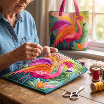 Quilted Tote Bag - Rainbow Flamingo