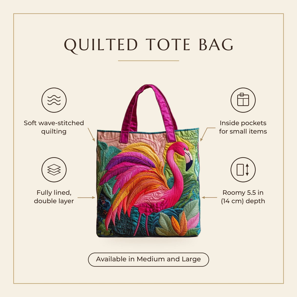 Quilted Tote Bag - Rainbow Flamingo features infographic