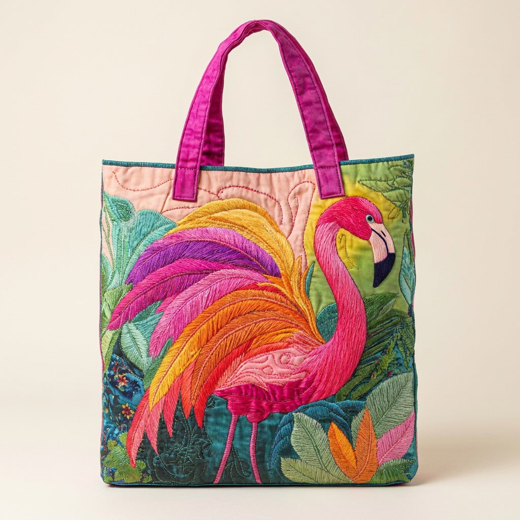 Quilted Tote Bag - Rainbow Flamingo, studio photo
