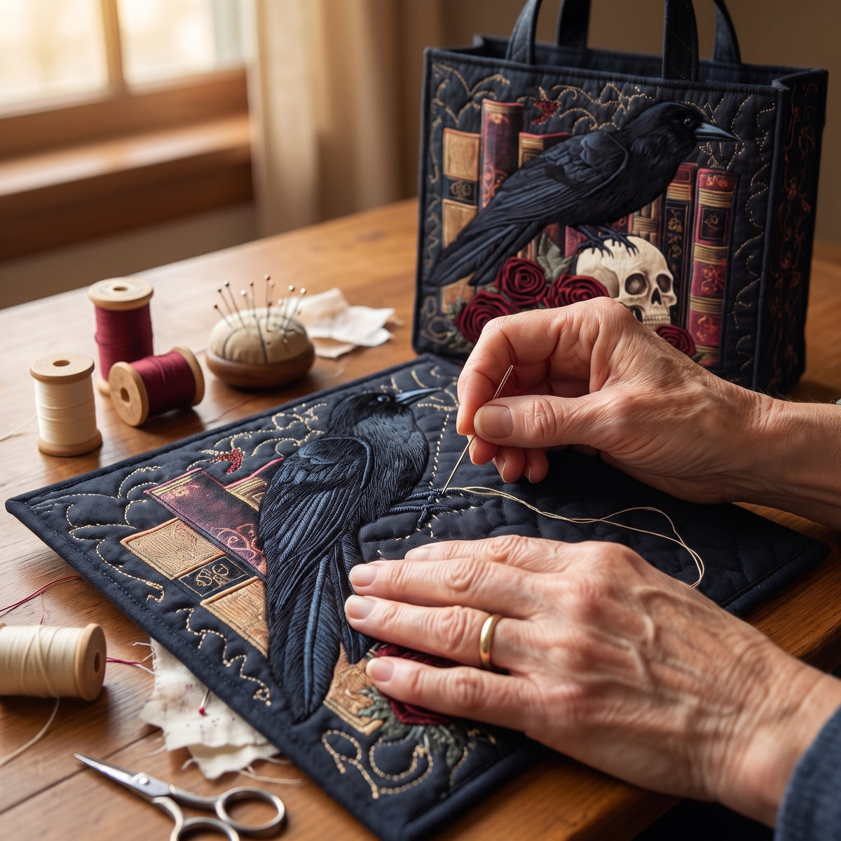 Quilted Tote Bag - Raven, Roses and Old Books