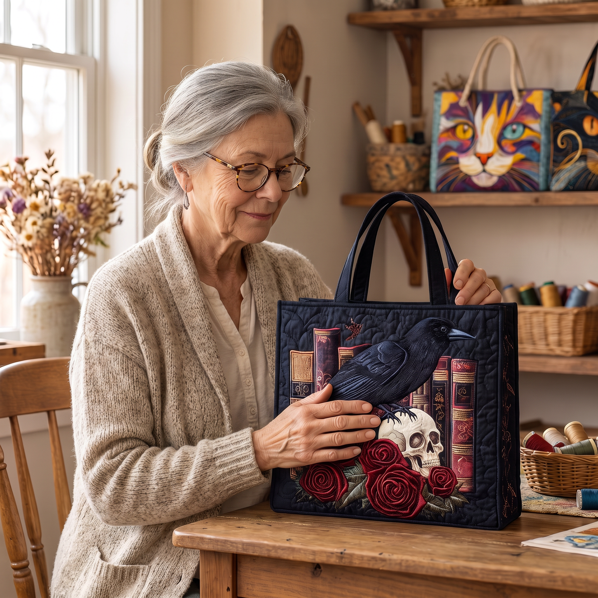 Quilted Tote Bag - Raven, Roses and Old Books