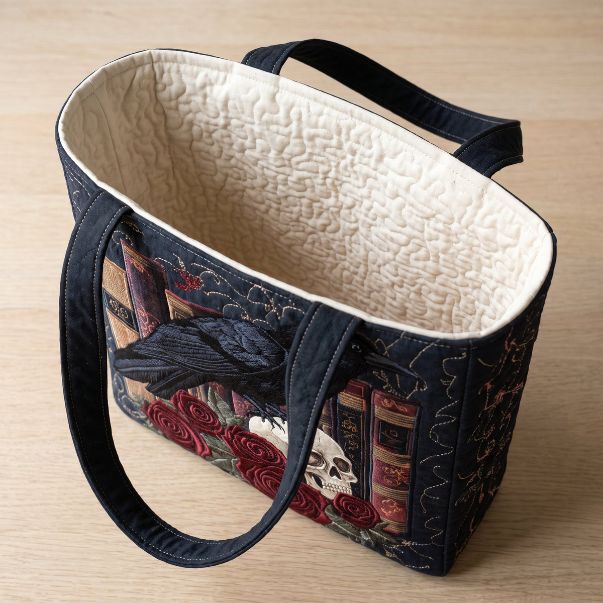 Quilted Tote Bag - Raven, Roses and Old Books