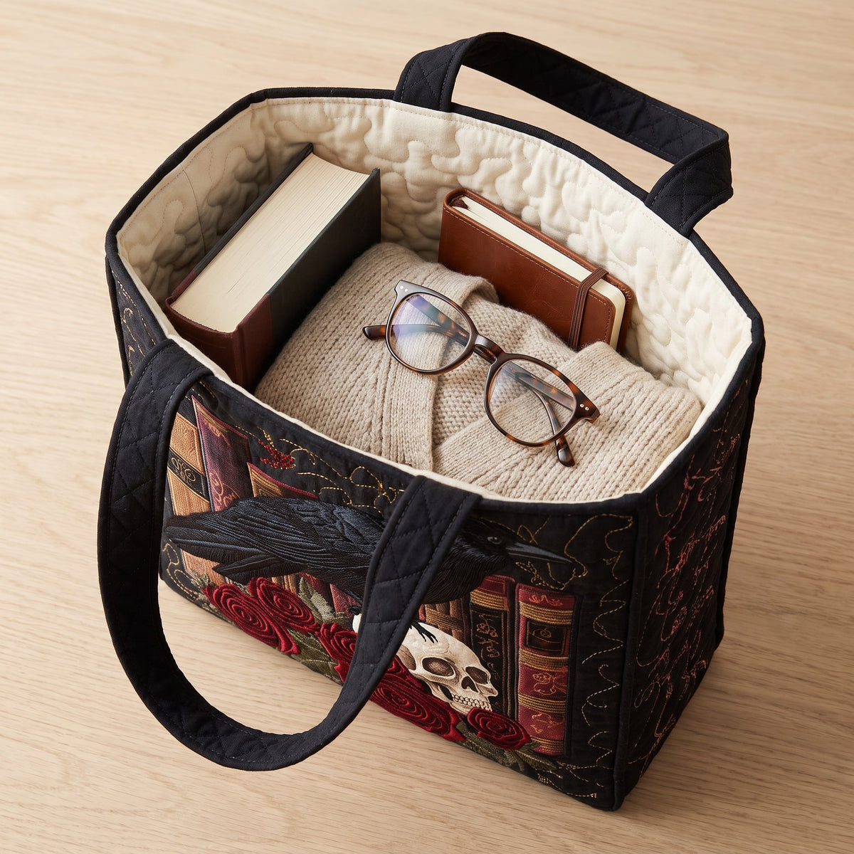Quilted Tote Bag - Raven, Roses and Old Books