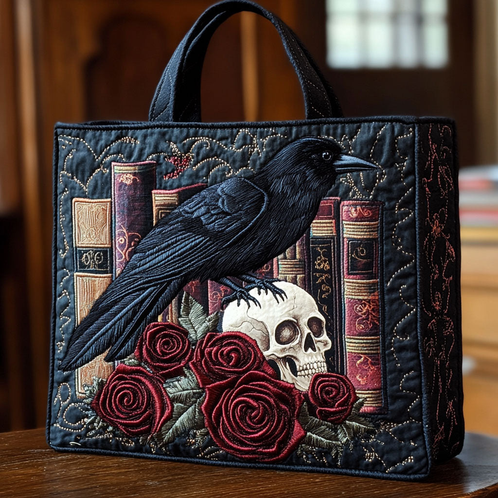 Quilted Tote Bag - Raven, Roses and Old Books