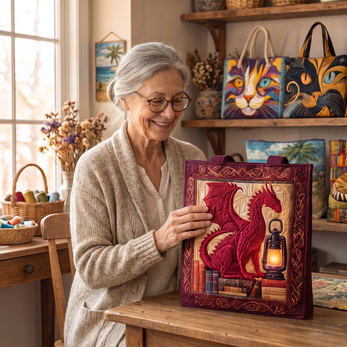 Quilted Tote Bag - Red Dragon with Lantern