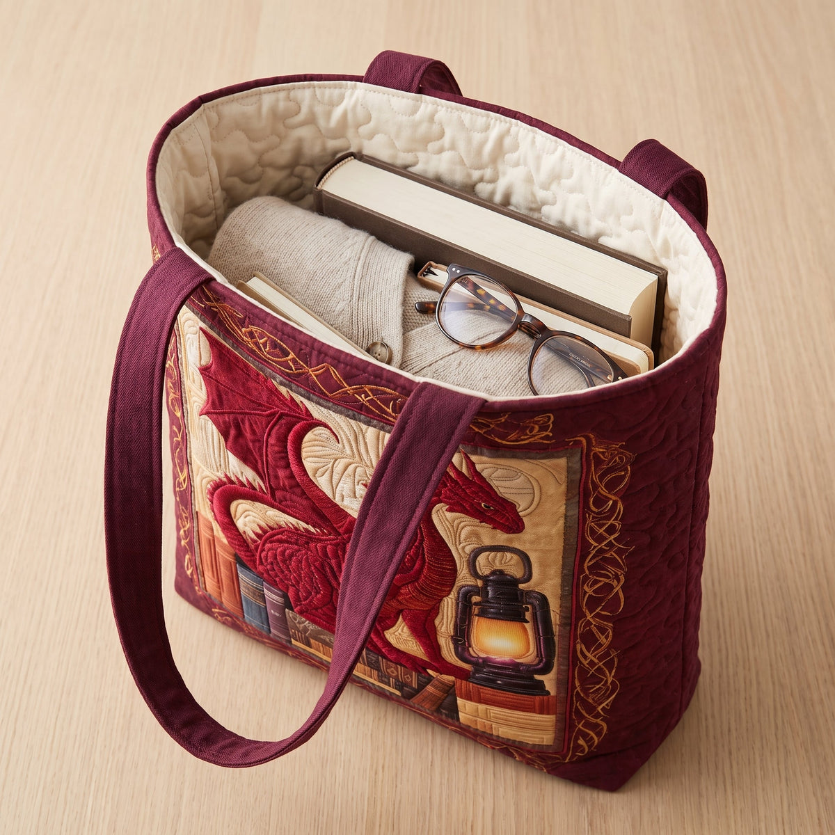 Quilted Tote Bag - Red Dragon with Lantern