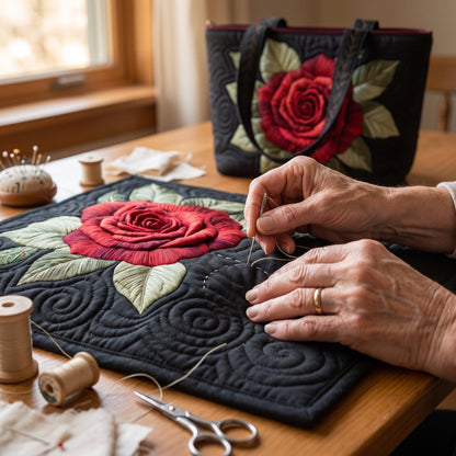 Quilted Tote Bag - Red Rose