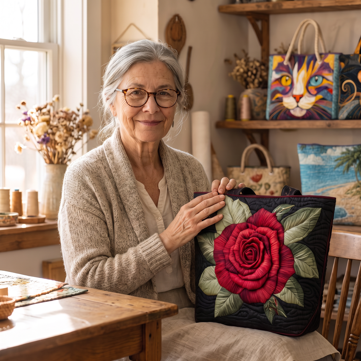 Quilted Tote Bag - Red Rose