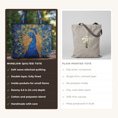 Quilted Tote Bag - Royal Peacock compared with a plain printed tote