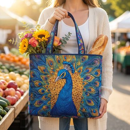 Quilted Tote Bag - Royal Peacock carried at a farmers market