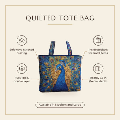 Quilted Tote Bag - Royal Peacock features infographic